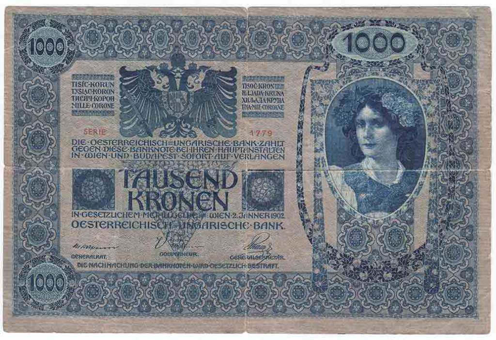 1919 Банкнота Австро-Венгрия 1919 год 1 000 крон Вертик надпечатка на боне 1902 года   VF