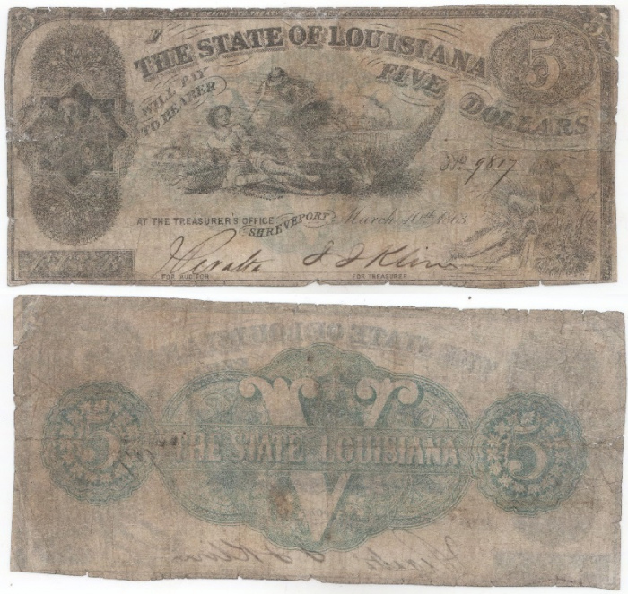 (1863) Банкнота США (Конфедеративные Штаты Америки) 1963 год 5 долларов &quot;Луизиана&quot;   F