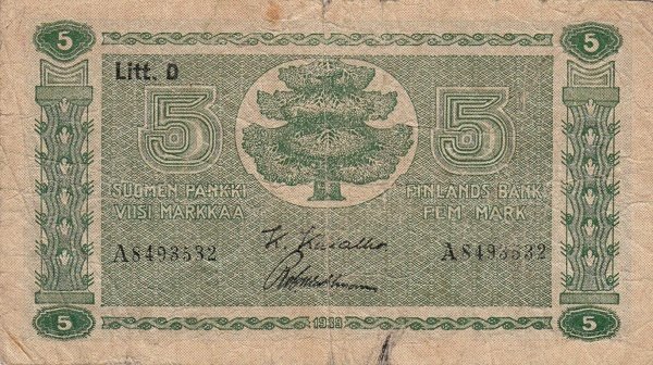 (1939 Litt D) Банкнота Финляндия 1939 год 5 марок  Kivialho - Wahlman  UNC