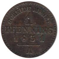 1851A Монета Германия (Пруссия) 1851 год 1 пфеннинг / 1/360 талера  Медь  XF