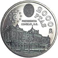 (1995) Монета Испания 1995 год 2000 песет "Председательство в Евросоюзе"  Серебро Ag 925  UNC
