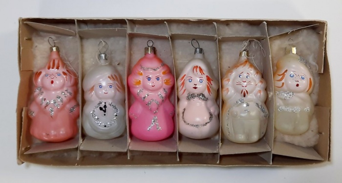 Набор ёлочных игрушек &quot;Золушка&quot; в коробке, стекло,  6 шт., есть скол, см. фото, СССР