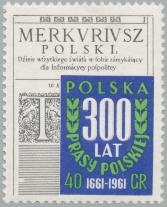 (1961-001) Марка Польша &quot;Газета 'Меркурий'&quot;   300 лет Польской прессе II Θ