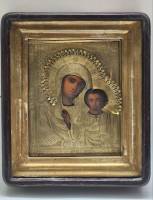 Икона Богоматерь Казанская 19 век штихельный оклад 22 х 17,5 см