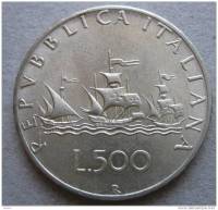 (1960) Монета Италия 1960 год 500 лир "Каравеллы"  Серебро Ag 835  UNC