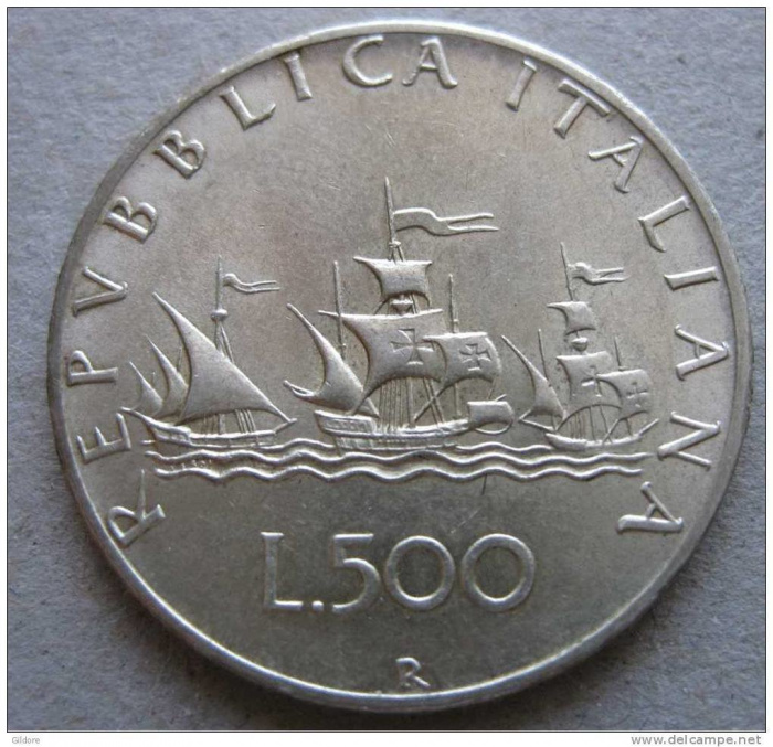 (1960) Монета Италия 1960 год 500 лир &quot;Каравеллы&quot;  Серебро Ag 835  UNC