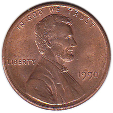 (1990) Монета США 1990 год 1 цент   150-летие Авраама Линкольна, Мемориал Линкольна Латунь  VF