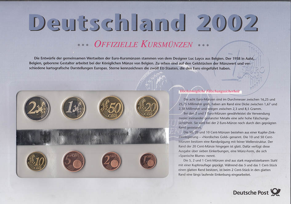 (2002a, 8 монет + марки) Набор монет Германия (ФРГ) 2002 год &quot;Годовой набор&quot;   PROOF Буклет