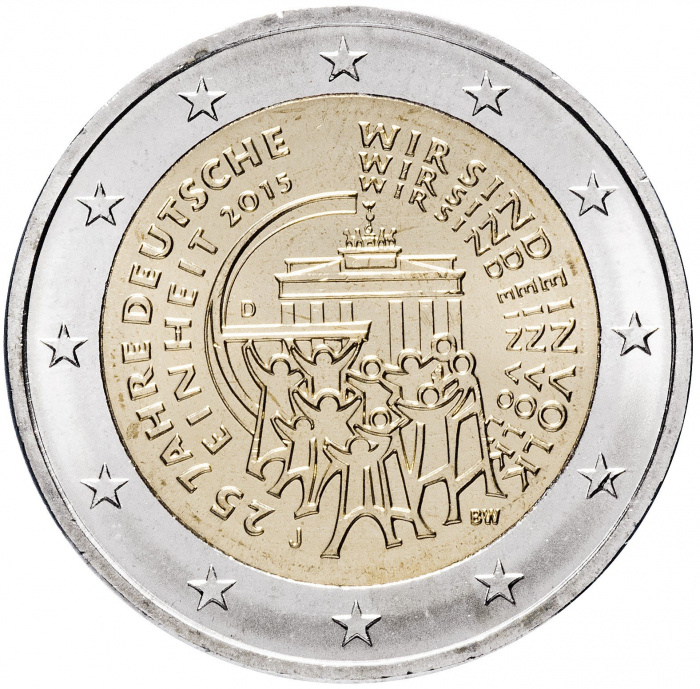 (014) Монета Германия (ФРГ) 2015 год 2 евро &quot;Объединение Германии 25 лет&quot; Двор J Биметалл  UNC