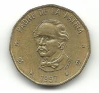 () Монета Доминикана 1997 год 1 песо ""  Медно-Алюминиево-Цинковый сплав (Cu-Al-Zn)  AU