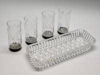 Селедочница и 4 стопки с металлическим дном хрусталь СССР