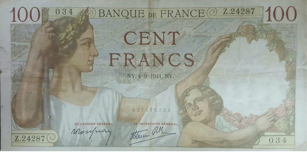(№1941P-94a.18) Банкнота Франция 1941 год &quot;100 Francs&quot;