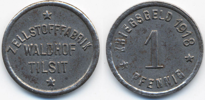 (1918) Монета-нотгельд Германия (Тильзит) 1918 год 1 пфеннинг &quot;Бумажная фабрика Waldhof&quot;  Цинк  VF