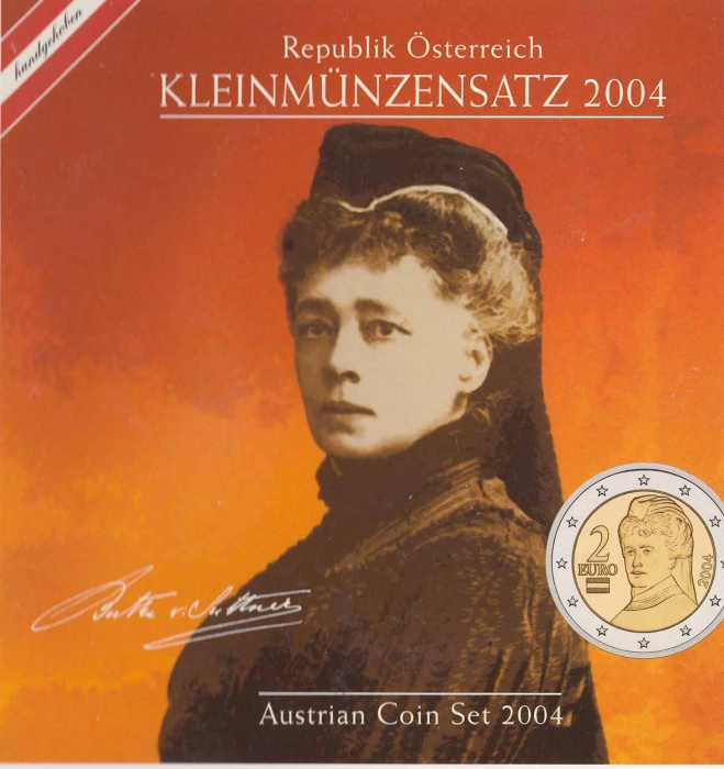 (2004, 8 монет) Набор монет Австрия 2004 год &quot;Берта фон Зутнер&quot;   Буклет