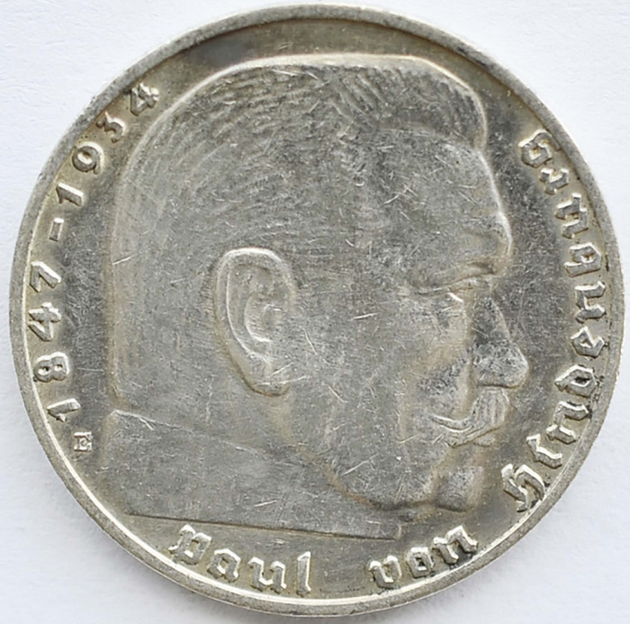 (1936e) Монета Германия (Рейх) 1936 год 5 марок &quot;Пауль Гинденбург&quot; Без свастики Серебро Ag 900  XF