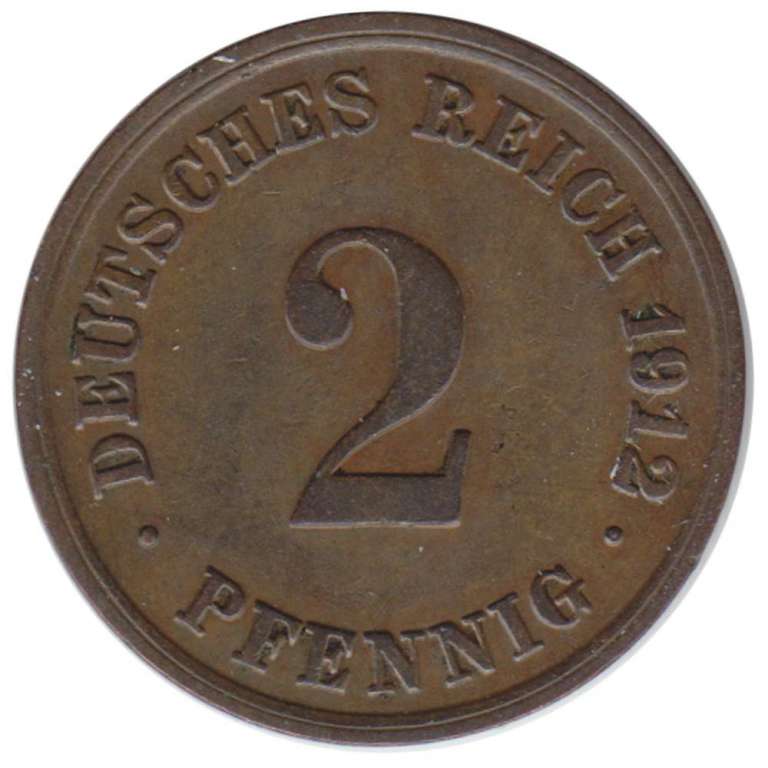 Монета Германская Империя 1912 год 2 пфеннига, XF