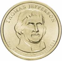 03d Монета США 2007 год 1 доллар Томас Джефферсон 2007 год Латунь  UNC