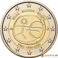 (005) Монета Бельгия 2009 год 2 евро "Экономический союз 10 лет"  Биметалл  PROOF