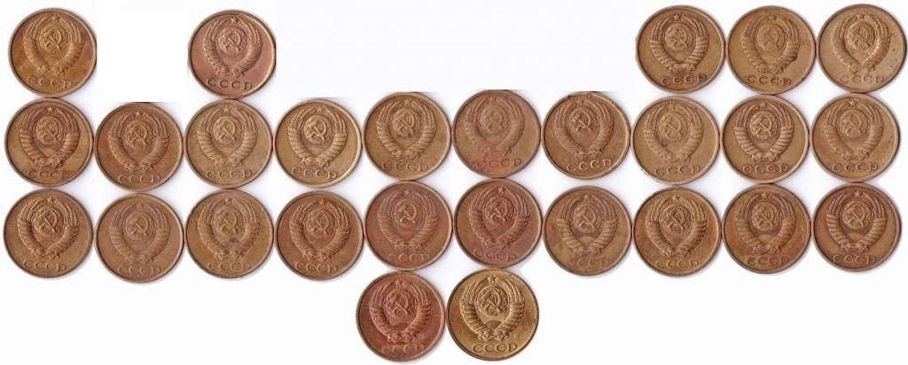 (1961-1991, 2 копейки, 27 монет) Набор монет СССР &quot;61 63 68-90, 91л, 91м&quot;   VF
