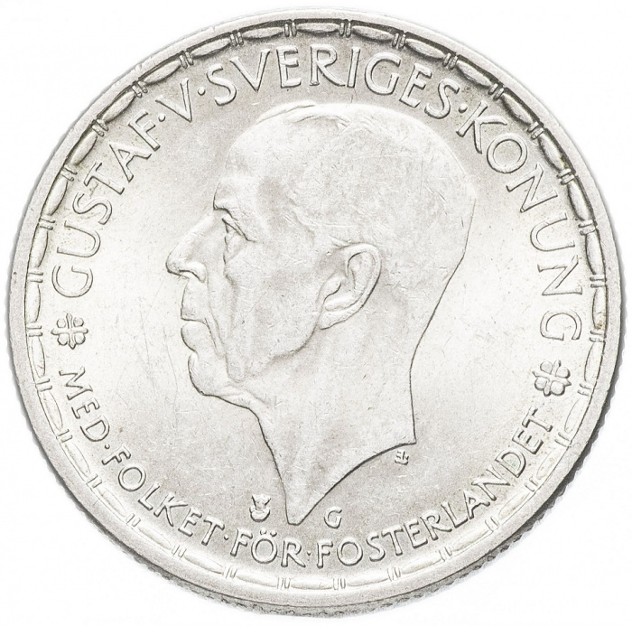 (1945g) Монета Швеция 1945 год 2 кроны &quot;Густав V&quot;  Серебро Ag 400  UNC