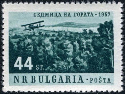 (1957-024) Марка Болгария &quot;Самолёт над лесом&quot;   Неделя защиты леса III O