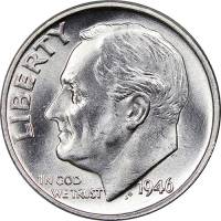 (1946) Монета США 1946 год 10 центов  1. Серебро Франклин Делано Рузвельт  XF