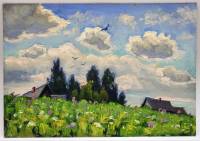 Картина Тулаев В. Н. 1979 г. Хорошо в деревне летом пейзаж масло картон 35х24 см