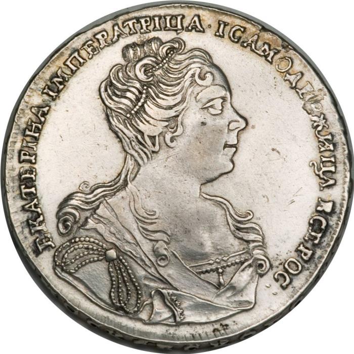 (1727, под хвостом орла две точки) Монета Россия 1727 год 1 рубль   Серебро Ag 729  XF