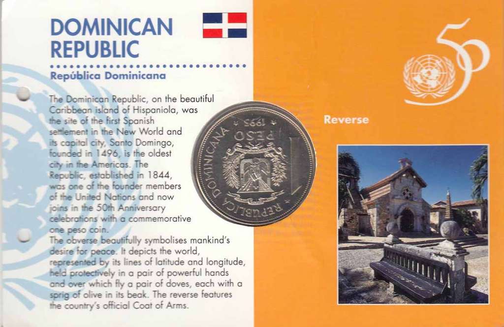 (1995) Монета Доминикана 1995 год 1 песо &quot;ООН. 50 лет&quot; Медно-никель  Буклет