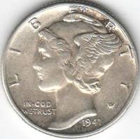 (1941s) Монета США 1941 год 10 центов   Свобода в колпаке с крыльями (Меркурий) Серебро Ag 900  XF