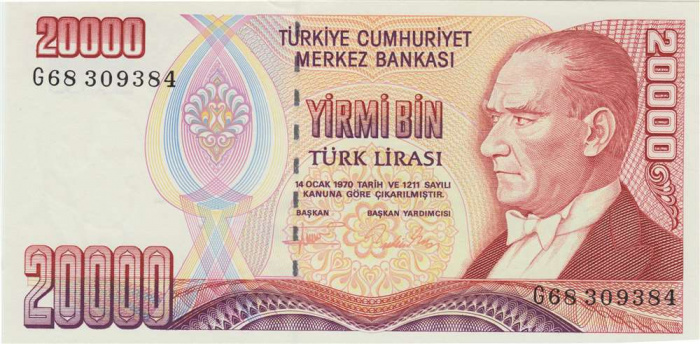 (,) Банкнота Турция 1995 год 20 000 лир &quot;Мустафа Кемаль Ататюрк&quot;   UNC