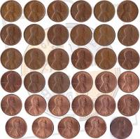 (35 монет) Набор монет США 1966-2000 год "1 цент Авраам Линкольн, по годам"   VF