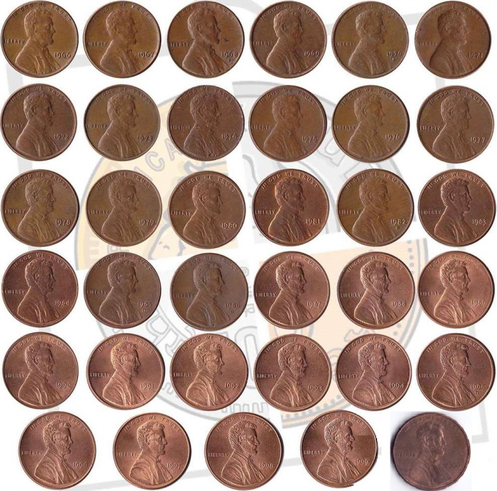 (35 монет) Набор монет США 1966-2000 год &quot;1 цент Авраам Линкольн, по годам&quot;   VF