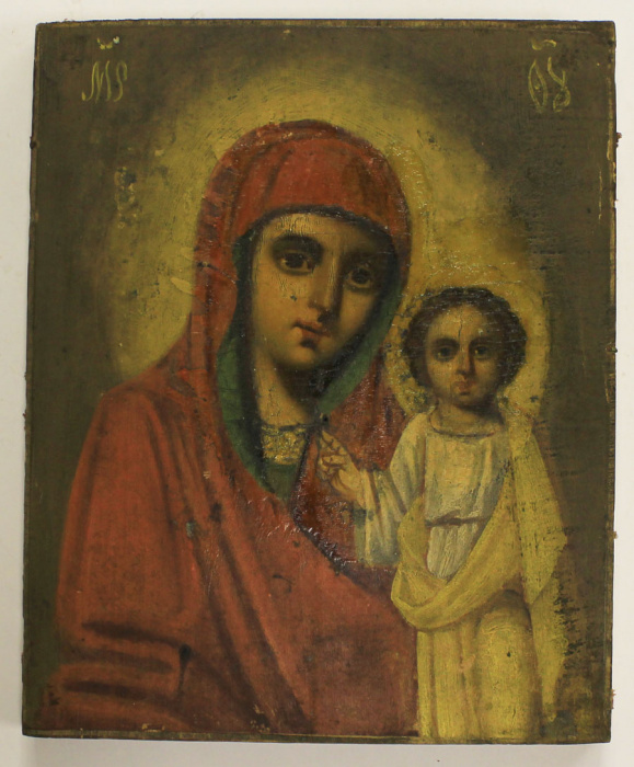 Икона Божией Матери старинная живописная, дерево (состояние на фото)