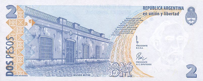 (,) Банкнота Аргентина 1997 год 2 песо &quot;Бартоломе Митре&quot;   UNC