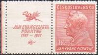 (1937-024) Марка + купон Чехословакия "Я. Пуркине (Карминовая)"    150 лет со дня рождения Я. Пуркин