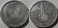 (1938G) Монета Германия (Рейх) 1938 год 2 марки "Пауль Гинденбург"  Свастика Серебро Ag 900  XF