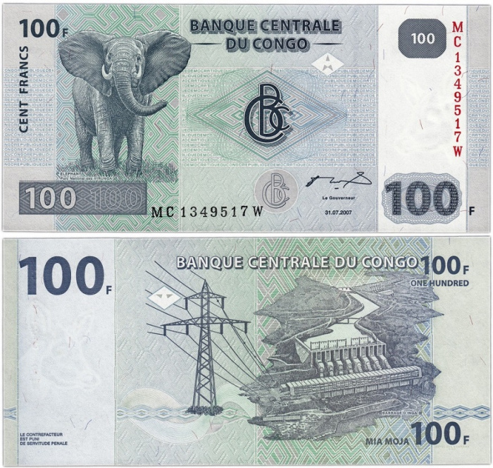 (2007) Банкнота Дем Республика Конго 2007 год 100 франков &quot;Слон&quot;   UNC