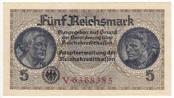 (1939) Банкнота Германия (Оккупация Европы) 1939 год 5 марок &quot;Рабочий и крестьянин&quot;   UNC
