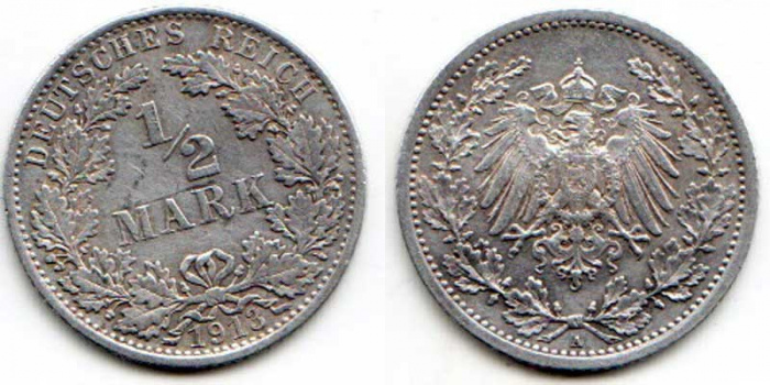 (1913A) Монета Германия (Империя) 1913 год 1/2 марки   Серебро Ag 900  VF