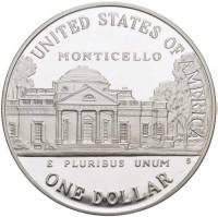(1993p) Монета США 1993 год 1 доллар   250 лет Томасу Джефферсону Серебро Ag 900  UNC