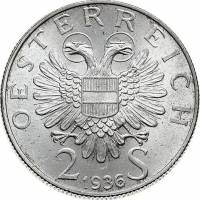 (,) Монета Австрия 1936 год 2 шиллинга   Серебро Ag 640  UNC