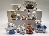 Статуэтки фарфор Зайцы Дельфин Хрюшка Рыбка Аромолампа Солонка (11 штук)