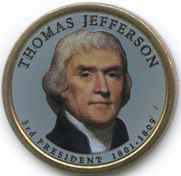 (03p) Монета США 2007 год 1 доллар &quot;Томас Джефферсон&quot;  Вариант №1 Латунь  COLOR. Цветная