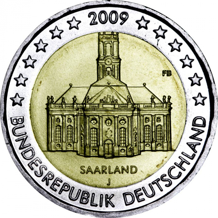 (006) Монета Германия (ФРГ) 2009 год 2 евро &quot;Саар&quot; Двор J Биметалл  UNC