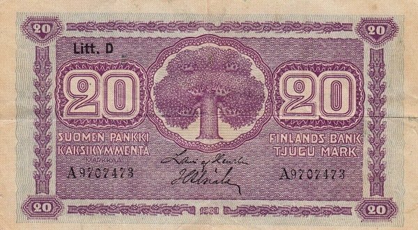(,) Банкнота Финляндия 1939 год 20 марок    UNC