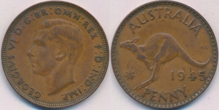 (1945) Монета Австралия 1945 год 1 пенни &quot;Кенгуру&quot;  Бронза  XF