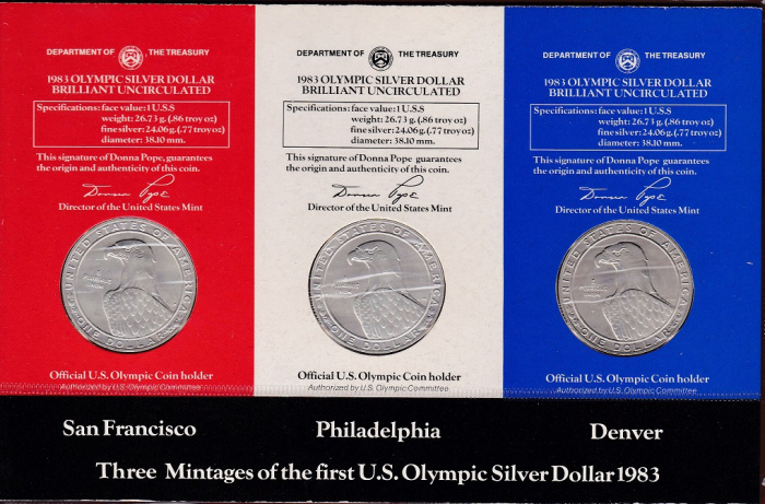 (1983 3 м UNC по 1$) Набор США 1983 год  Олимпиада в Лос-Анджелесе  Буклет подклеен