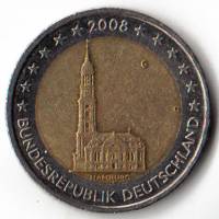 (004) Монета Германия (ФРГ) 2008 год 2 евро "Гамбург" Двор G Биметалл  VF