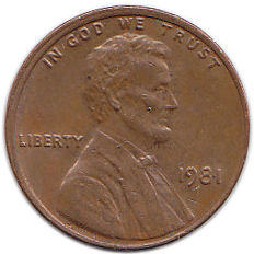 (1981) Монета США 1981 год 1 цент   150-летие Авраама Линкольна, Мемориал Линкольна Латунь  VF